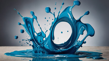 This striking image captures an energetic splash of vivid blue paint, showcasing fluidity and motion in an artistic and abstract representation against a simple backdrop. AI generated imageの写真素材