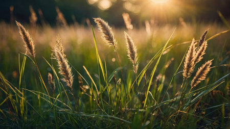 A beautiful, serene sunset shining over a meadow filled with tall grasses. The image captures the...