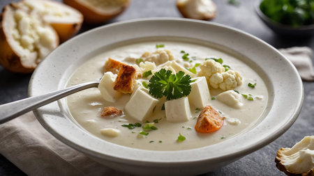 A high-resolution image of creamy cauliflower soup garnished with fresh parsley and croutons in a gray bowl. Rustic background with whole cauliflower and parsley garnishes. AI generated imageの写真素材