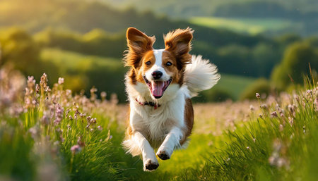 An energetic dog joyfully runs through a picturesque field of flowers surrounded by lush green hills during sunrise, capturing the essence of happiness and freedom in nature's beauty. AI generated imageの写真素材