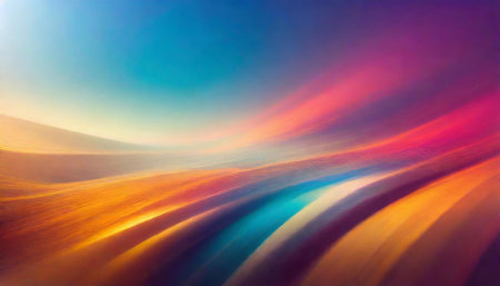 This image showcases a mesmerizing display of vivid, flowing colors with gradient transitions, capturing a surreal, windy sky presented artistically to evoke a sense of wonder and abstract imagination. AI generated imageの写真素材
