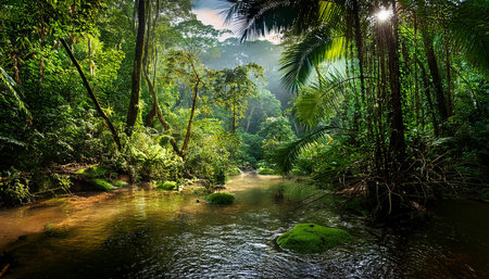 This image features a vibrant and dense tropical rainforest with diverse flora, towering trees, and mist-covered hills in the background, conveying a sense of untouched natural beauty.の写真素材