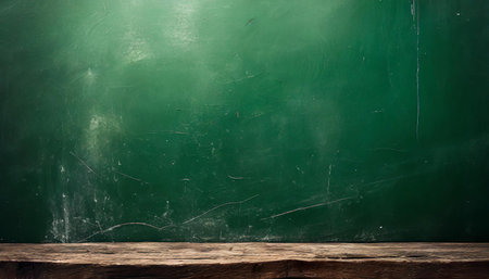 This image features an empty green chalkboard with a scratched surface and weathered wooden planks...