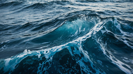 This image portrays an energetic ocean wave in vivid detail, showing the texture, movement, and rich blue hues of the sea, capturing the raw power and beauty of the ocean waters. AI generated imageの写真素材