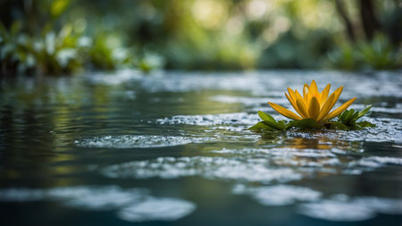 This image depicts tufts of lush green grass floating on the serene water of a pond surrounded by verdant greenery, highlighting the tranquil and peaceful beauty of nature in a calm setting. AI generated imageの写真素材