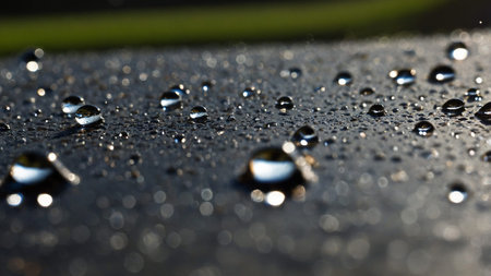 Image shows a close-up view of several water droplets aligned on a dark, smooth surface, creating a...