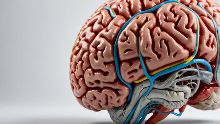 This image features a detailed anatomical model of the human brain, showing the cortex and cerebellum with detailed folds and textures. It highlights the primary regions responsible for thought and coordination. AI generated imageの写真素材