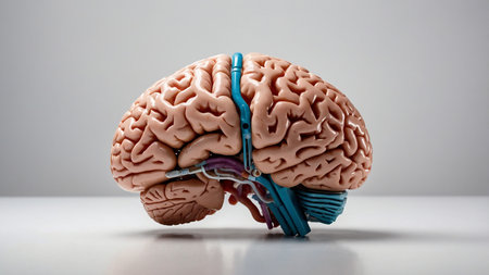 This image features a detailed anatomical model of the human brain, showing the cortex and cerebellum with detailed folds and textures. It highlights the primary regions responsible for thought and coordination. AI generated imageの写真素材