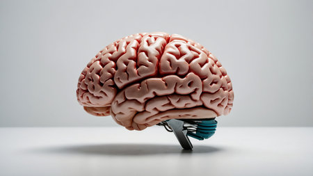 This image features a detailed anatomical model of the human brain, showing the cortex and cerebellum with detailed folds and textures. It highlights the primary regions responsible for thought and coordination. AI generated imageの写真素材