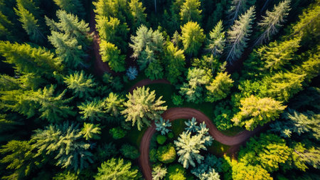 This image displays an aerial perspective of a dense forest of evergreen trees, showing various...