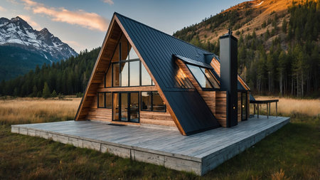 A picturesque modern cabin with large glass windows is perfectly nestled in the mountains, showing spectacular sunset hues illuminating snowy peaks for an idyllic escape into nature's tranquility. AI generated imageの写真素材