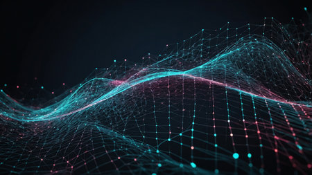 A dynamic and colorful digital wave pattern showing data points and lines set against a dark background, capturing the essence of modern digital art and data visualization. AI generated imageの写真素材