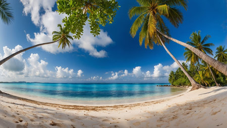 A breathtaking view of a pristine tropical beach featuring crystal clear water, leaning palm trees, and a bright blue sky, perfect for tranquil escape and relaxation under the sun. AI generated imageの写真素材