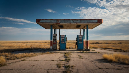 This image depicts an abandoned gas station with a worn roof and cracked pavement, surrounded by an...