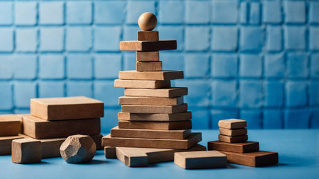 This image displays a minimalist pyramid constructed from wooden blocks, thoughtfully arranged on a flat surface, with a solid blue backdrop adding to the simplicity and elegance of the composition. AI generated imageの写真素材