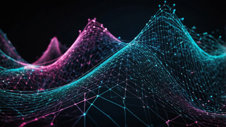 A dynamic and colorful digital wave pattern showing data points and lines set against a dark...