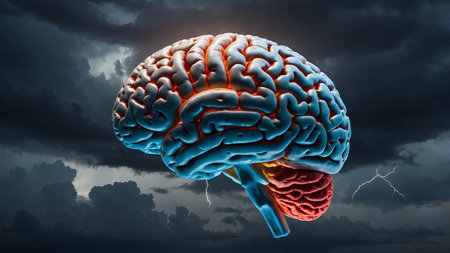 This image depicts a human brain illuminated in a stormy landscape, surrounded by lightning and dark clouds, illustrating the contrast between power, creativity, and mental turmoil. AI generated imageの写真素材