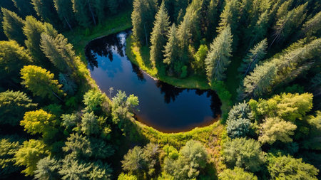This captivating aerial photograph showcases a tranquil river meandering through a lush, dense...