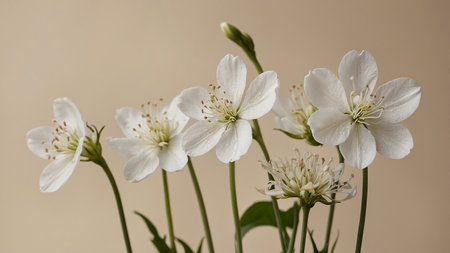 This image features a stunning arrangement of white flowers, set against a soft beige background, highlighting details of the petals and green leaves, evoking simplicity and elegance in nature.の写真素材