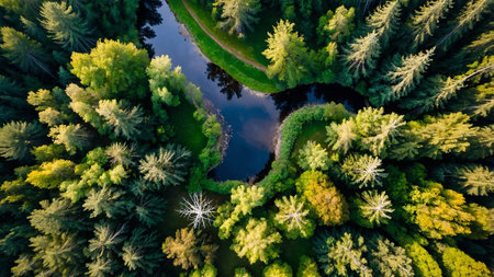 This captivating aerial photograph showcases a tranquil river meandering through a lush, dense...