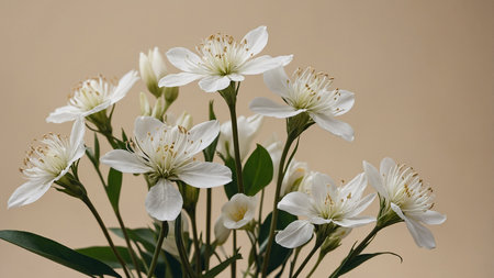 This image features a stunning arrangement of white flowers in a vase, set against a soft beige background, highlighting details of the petals and green leaves, evoking simplicity and elegance in nature. AI generated imageの写真素材