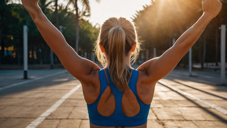 A person with arms stretched upwards, wearing exercise clothing, capturing the beauty of nature and...