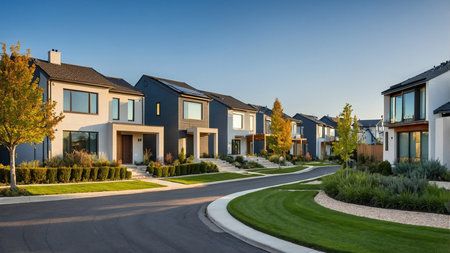 This image showcases a row of modern suburban homes with well-manicured lawns, gardens, and a clean street under a clear blue sky, representing suburban tranquility and community living. AI generated imageの写真素材