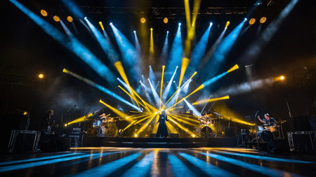 A dynamic live concert featuring musicians performing on stage with colorful lights shining and a lively crowd cheering passionately, capturing the essence of live music energy and excitement. AI generated imageの写真素材