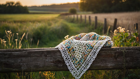 A vibrant, handmade crochet blanket draped over a weathered wooden fence in a lush, serene countryside landscape, capturing the essence of tranquility and rural charm with the warm glow of sunset illuminating the scene. AI generated imageの写真素材
