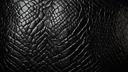 The image displays a detailed close-up of black textured leather, highlighting its intricately and organic patterns, creating a visually captivating and abstract design element perfect for various uses. AI generated imageの写真素材