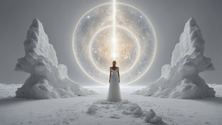 A solitary woman in a flowing white dress stands in a snowy terrain, gazing at radiant, concentric light rings with a cosmic backdrop indicating a dreamy and surreal scene. AI generated imageの写真素材