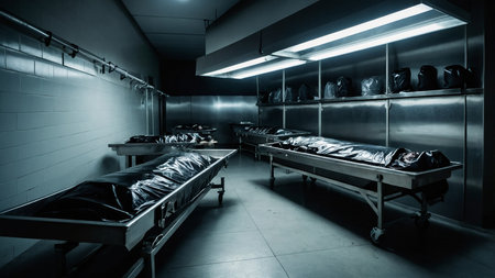 The image captures a deserted, dimly-lit morgue with six tables, each featuring a body bag, with clinical lighting casting a stark glow over the scene, evoking a somber and eerie atmosphere. AI generated imageの写真素材
