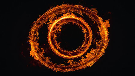 A captivating image showcasing a detailed ring of fire with vibrant, intense flames against a stark, dark background, creating a visually striking and mesmerizing effect conveying energy and passion. AI generated imageの写真素材