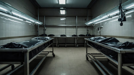 The image captures a deserted, dimly-lit morgue with six tables, each featuring a body bag, with clinical lighting casting a stark glow over the scene, evoking a somber and eerie atmosphere. AI generated imageの写真素材