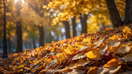 A beautiful autumn scene in a forest with golden and red leaves on the ground, illuminated by warm sunlight breaking through the trees, evoking a sense of tranquility and natural beauty. AI generated imageの写真素材