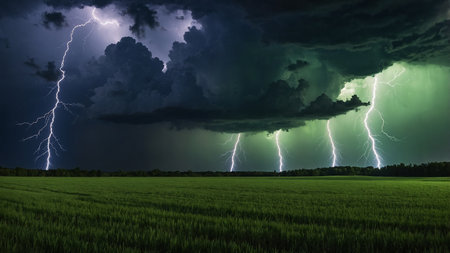 A striking image capturing multiple lightning bolts strikingly during a fierce storm, set against a green field with dark, turbulent clouds above, illustrating the raw force of nature and the beauty within chaos. AI generated imageの写真素材