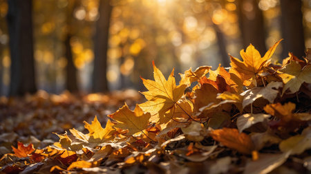 A beautiful autumn scene in a forest with golden and red leaves on the ground, illuminated by warm sunlight breaking through the trees, evoking a sense of tranquility and natural beauty. AI generated imageの写真素材