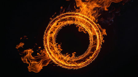 A captivating image showcasing a detailed ring of fire with vibrant, intense flames against a stark, dark background, creating a visually striking and mesmerizing effect conveying energy and passion. AI generated imageの写真素材