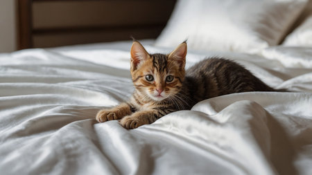 This adorable image features a young tabby kitten resting comfortably on plush white sheets, perfectly capturing its curious and relaxed demeanor. The soft bedding adds a cozy, serene ambiance. AI generated imageの写真素材