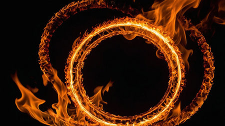 A captivating image showcasing a detailed ring of fire with vibrant, intense flames against a stark, dark background, creating a visually striking and mesmerizing effect conveying energy and passion. AI generated imageの写真素材