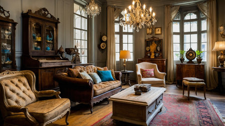 Elegant antique drawing room featuring wooden furniture, a sideboard with porcelain dishes, and classic decor. A chandelier and blue-lamp-shaded lamps enhance the sophisticated setting. AI generated imageの写真素材