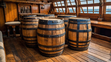 Four large wooden barrels with metal bands stand prominently on the wooden deck of a classic ship, with sunlight streaming in through the ship's windows on a calm sea under a clear sky. AI generated imageの写真素材
