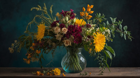 A beautiful floral arrangement of sunflowers, roses, and assorted greenery in a clear glass vase captured artistically against a rich green background. It represents the beauty and elegance of nature in harmonized hues. AI generated imageの写真素材