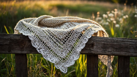 A vibrant, handmade crochet blanket draped over a weathered wooden fence in a lush, serene countryside landscape, capturing the essence of tranquility and rural charm with the warm glow of sunset illuminating the scene. AI generated imageの写真素材