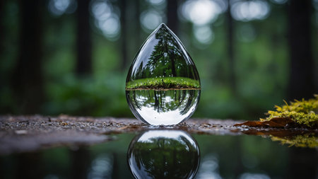 A close-up photograph of a water droplet perfectly reflecting the surrounding forest, emphasizing the serene natural beauty and vibrant greenery of the environment, capturing the essence of purity and tranquility. AI generated imageの写真素材