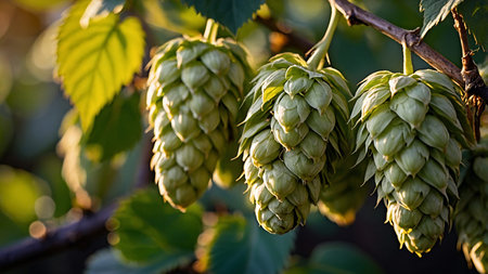 The image captures a close-up view of hop cones ripe with green leaves, shining in the sunlight,...