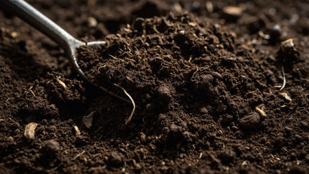 A detailed close-up image capturing the rich, dark texture of soil with visible organic particles,...