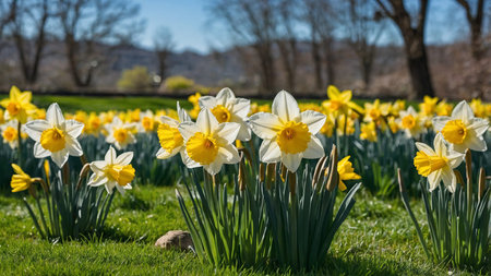 This image showcases a peaceful field filled with blooming yellow and white daffodils under natural...