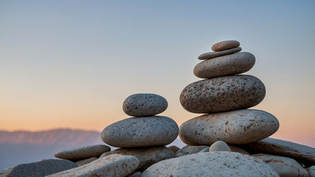 This image captures a carefully balanced stack of smooth stones on a rocky surface set against a clear blue sky with distant mountain ranges providing a serene and tranquil backdrop. AI generated imageの写真素材