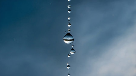 A close-up image of a large water droplet suspended in mid-air, reflecting an upside-down landscape,...